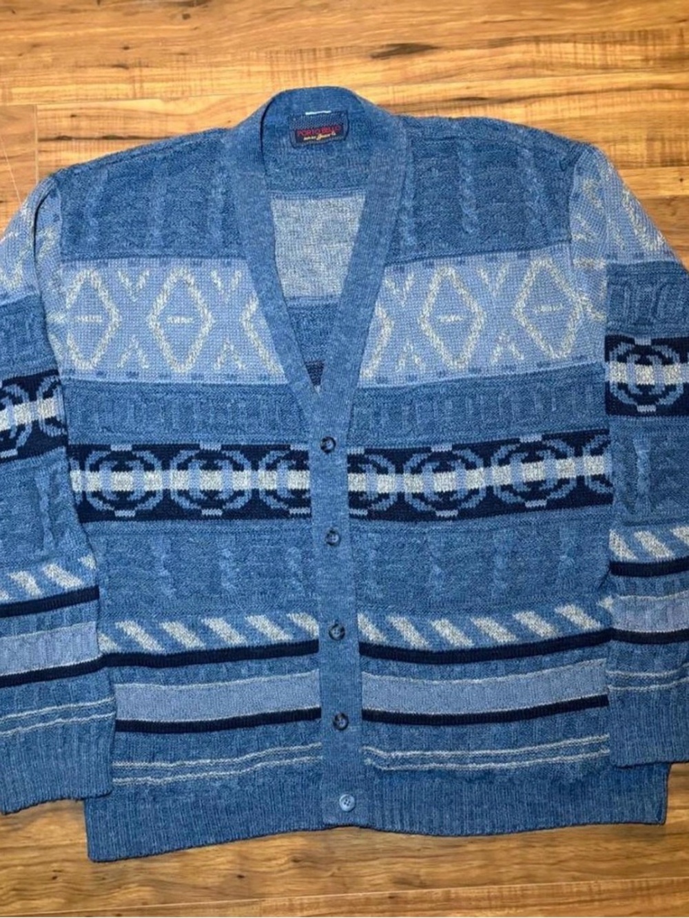 Vintage 80s/90s Porto Bello Blue Patterned Button-Front Cardigan Sweater